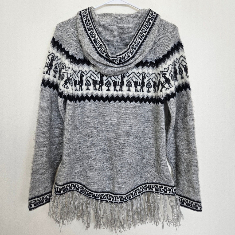Alpaca Connection Sweater Womens Size M Gray Wool Hooded Pullover Fringe Pocket - Picture 2 of 16